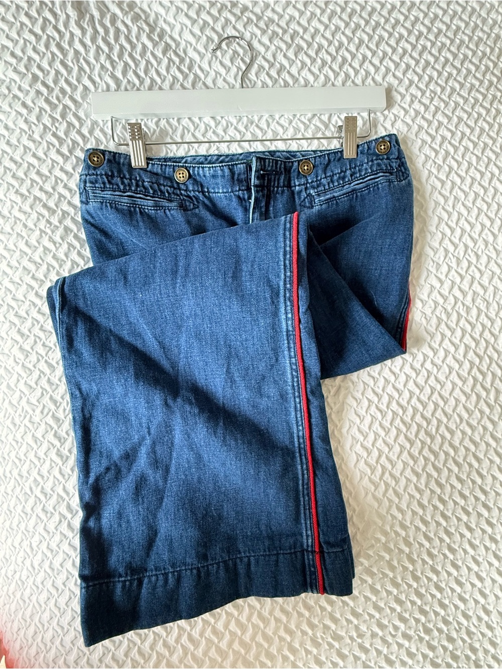 Dark Blue Women’s Wide-Leg Jeans with Red Side Stripe